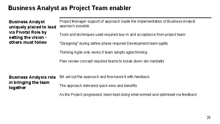 Business Analyst as Project Team enabler Business Analyst uniquely placed to lead via Pivotal