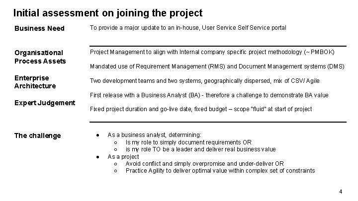 Initial assessment on joining the project Business Need To provide a major update to