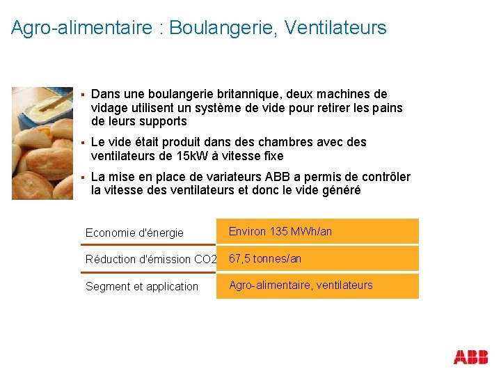 Agro-alimentaire : Boulangerie, Ventilateurs § Dans une boulangerie britannique, deux machines de vidage utilisent