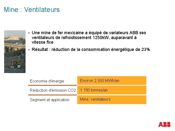 Mine : Ventilateurs § Une mine de fer mexicaine a équipé de variateurs ABB