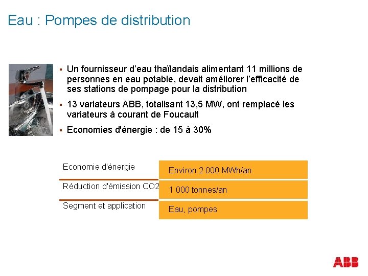 Eau : Pompes de distribution § Un fournisseur d’eau thaïlandais alimentant 11 millions de