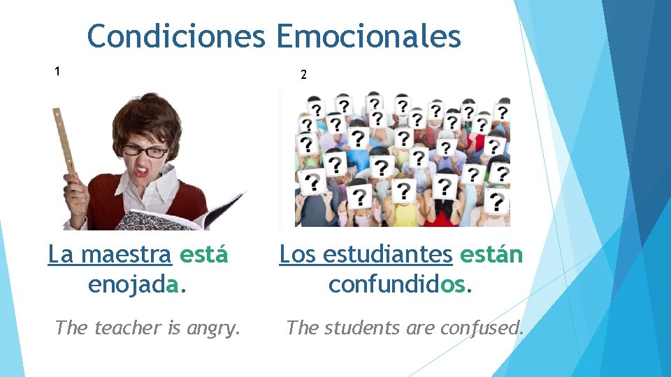 Condiciones Emocionales 1 La maestra está enojada. The teacher is angry. 2 Los estudiantes