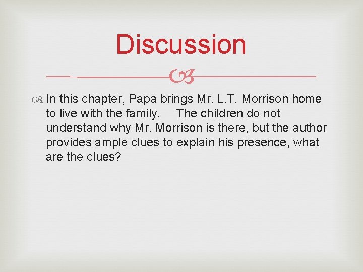 Discussion In this chapter, Papa brings Mr. L. T. Morrison home to live with