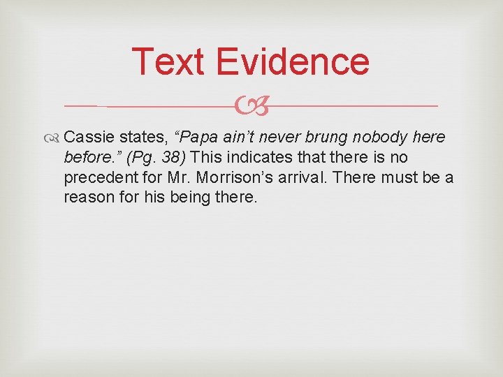 Text Evidence Cassie states, “Papa ain’t never brung nobody here before. ” (Pg. 38)