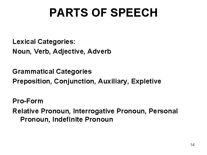 PARTS OF SPEECH Lexical Categories: Noun, Verb, Adjective, Adverb Grammatical Categories Preposition, Conjunction, Auxiliary,