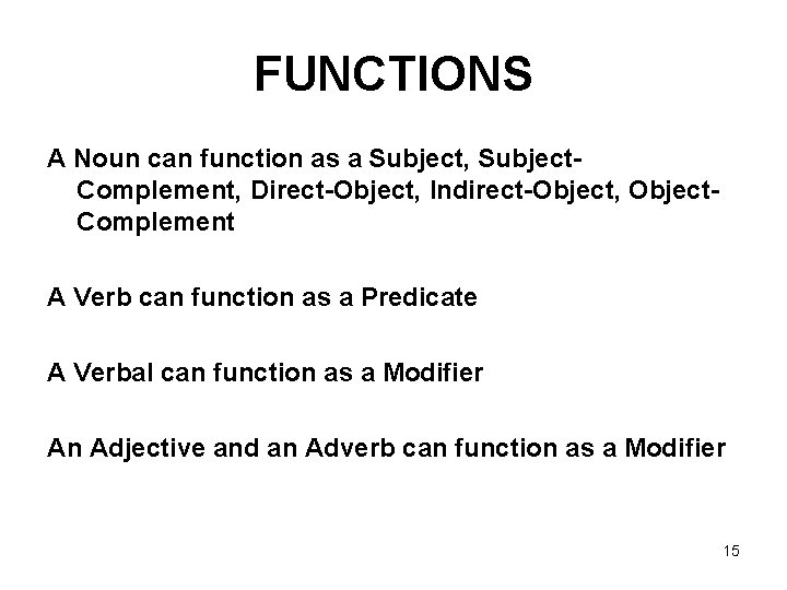 FUNCTIONS A Noun can function as a Subject, Subject. Complement, Direct-Object, Indirect-Object, Object. Complement