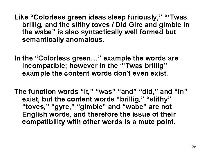 Like “Colorless green ideas sleep furiously, ” “‘Twas brillig, and the slithy toves /