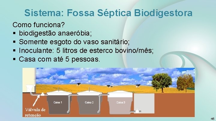 Sistema: Fossa Séptica Biodigestora Como funciona? § biodigestão anaeróbia; § Somente esgoto do vaso