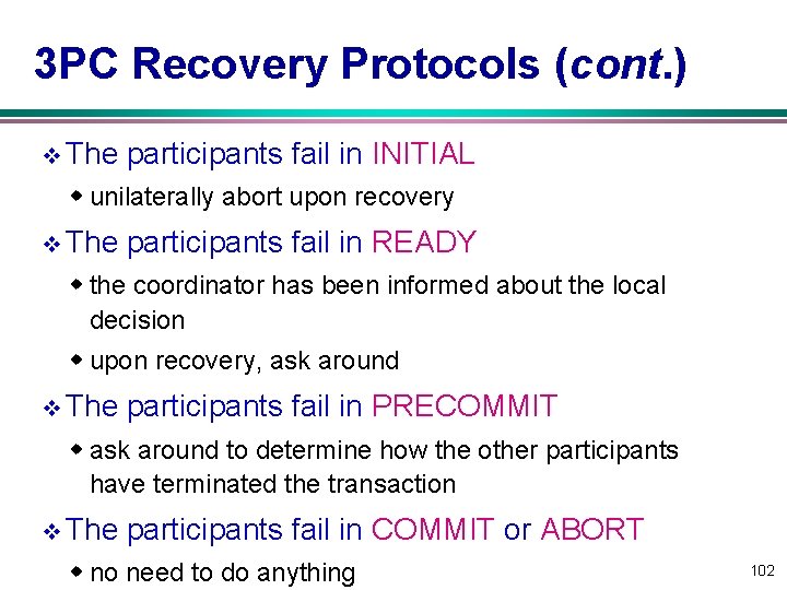 3 PC Recovery Protocols (cont. ) v The participants fail in INITIAL w unilaterally