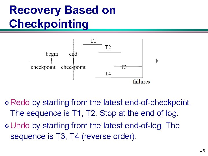 Recovery Based on Checkpointing v Redo by starting from the latest end-of-checkpoint. The sequence
