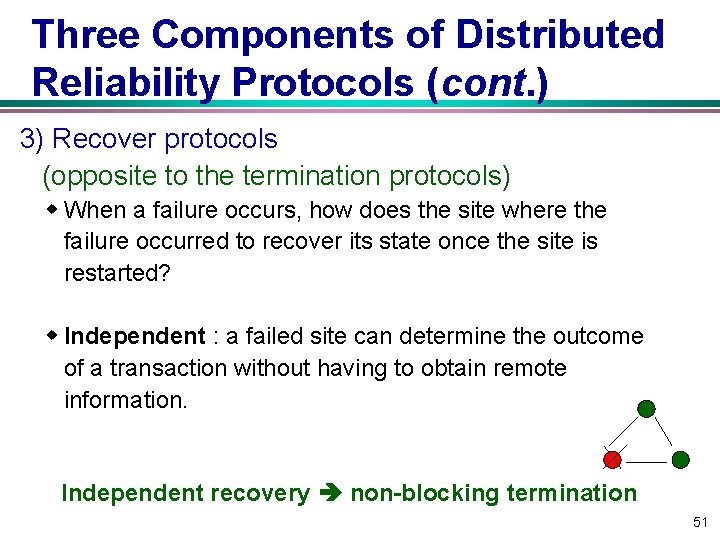 Three Components of Distributed Reliability Protocols (cont. ) 3) Recover protocols (opposite to the