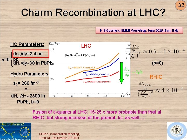 Charm Recombination at LHC? 32 P. B Gossiaux, EMMI Workshop, June 2010, Bari, Italy