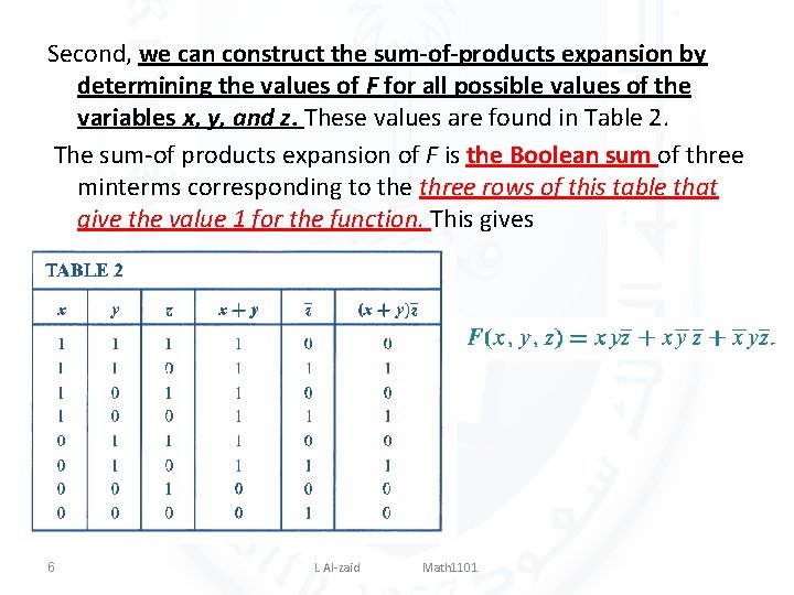 Second, we can construct the sum-of-products expansion by determining the values of F for