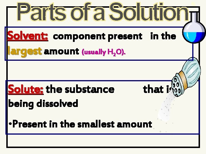 5 Solvent: component present in the largest amount (usually H 2 O). Solute: the
