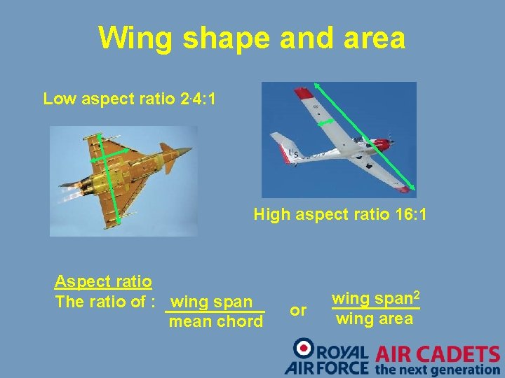 Wing shape and area Low aspect ratio 2. 4: 1 High aspect ratio 16: