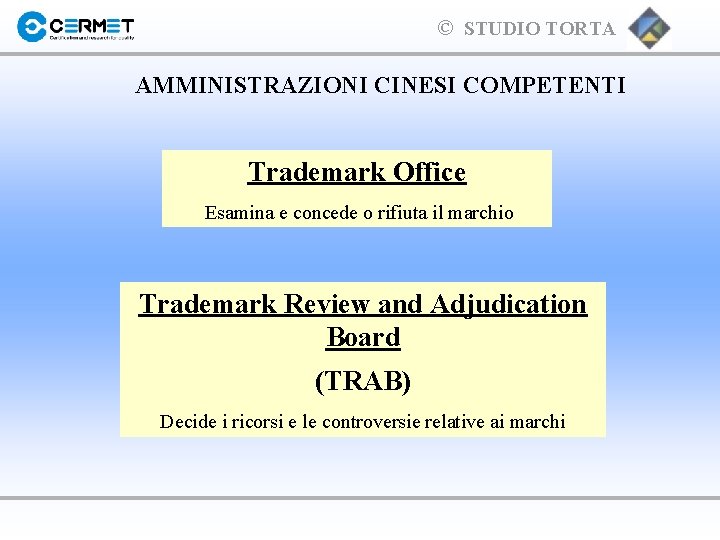 © STUDIO TORTA AMMINISTRAZIONI CINESI COMPETENTI Trademark Office Esamina e concede o rifiuta il