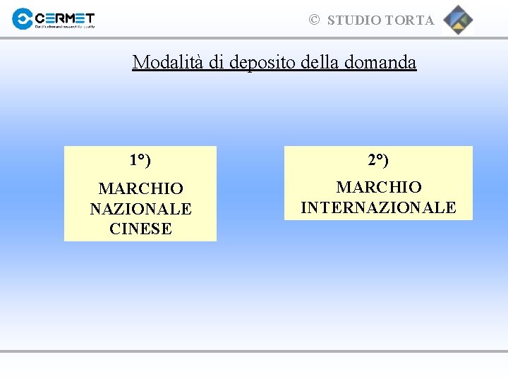 © STUDIO TORTA Modalità di deposito della domanda 1°) 2°) MARCHIO NAZIONALE CINESE MARCHIO