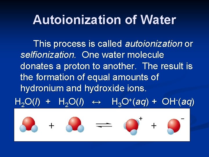 Autoionization of Water This process is called autoionization or selfionization. One water molecule donates