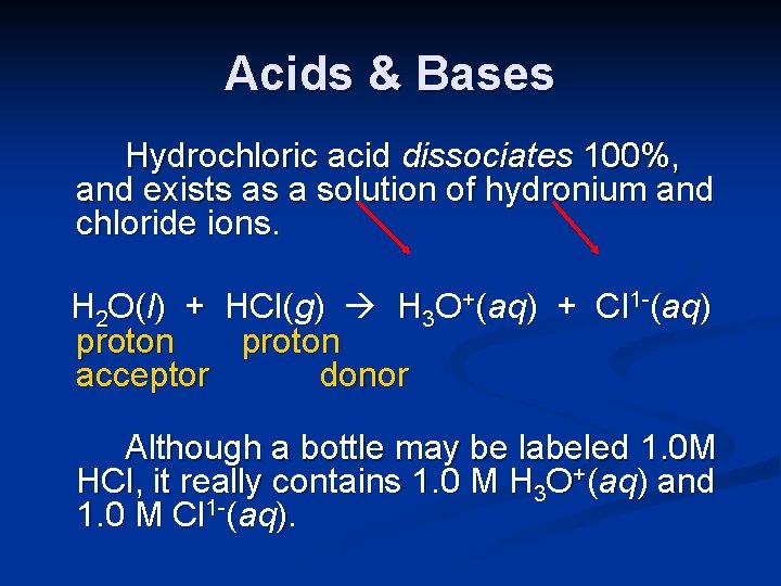 Acids & Bases Hydrochloric acid dissociates 100%, and exists as a solution of hydronium