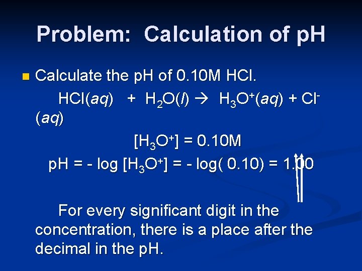 Problem: Calculation of p. H n Calculate the p. H of 0. 10 M