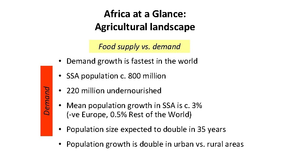 Africa at a Glance: Agricultural landscape Food supply vs. demand • Demand growth is