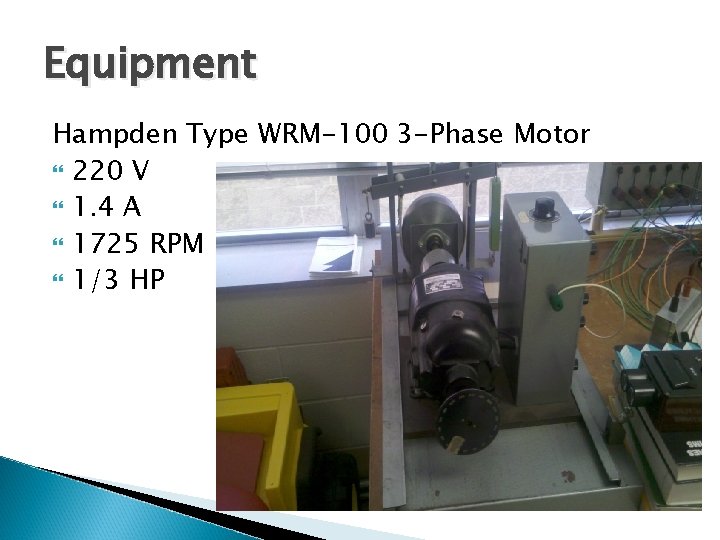 Equipment Hampden Type WRM-100 3 -Phase Motor 220 V 1. 4 A 1725 RPM