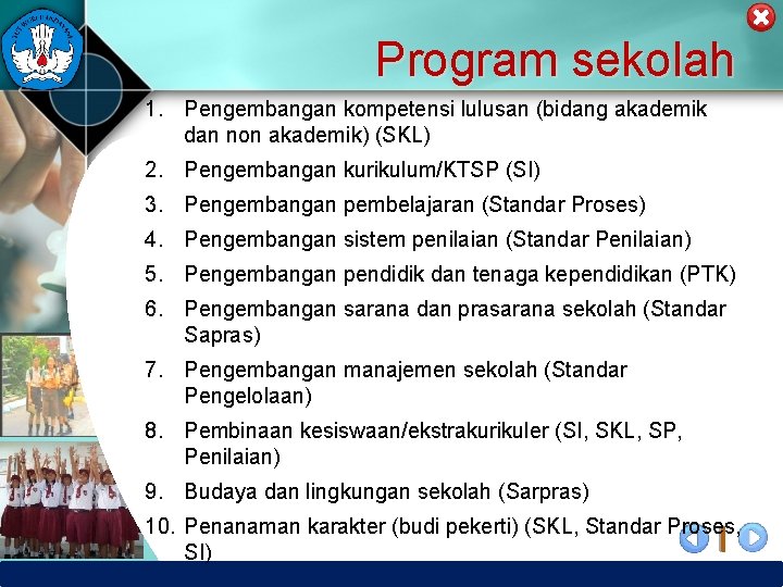 Program sekolah 1. Pengembangan kompetensi lulusan (bidang akademik dan non akademik) (SKL) 2. Pengembangan