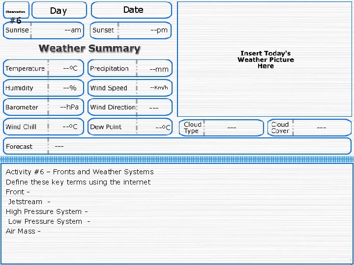 Observation #6 Day Date --am --pm --ºC --mm --% --Km/h --h. Pa --- --ºC