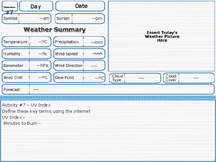 Observation #7 Day Date --am --pm --ºC --mm --% --Km/h --h. Pa --ºC ---