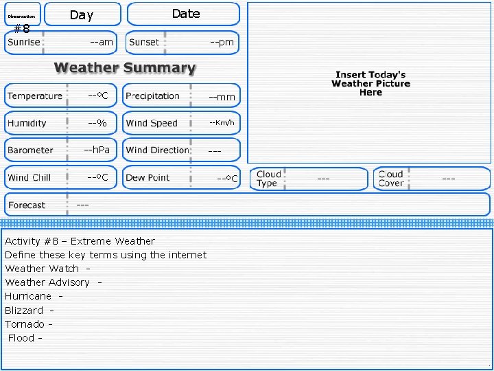 Observation #8 Day Date --am --pm --ºC --mm --% --Km/h --h. Pa --ºC ---