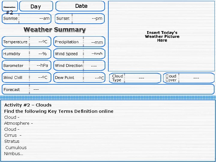 Observation #2 Day Date --am --pm --ºC --mm --% --Km/h --h. Pa --ºC ---