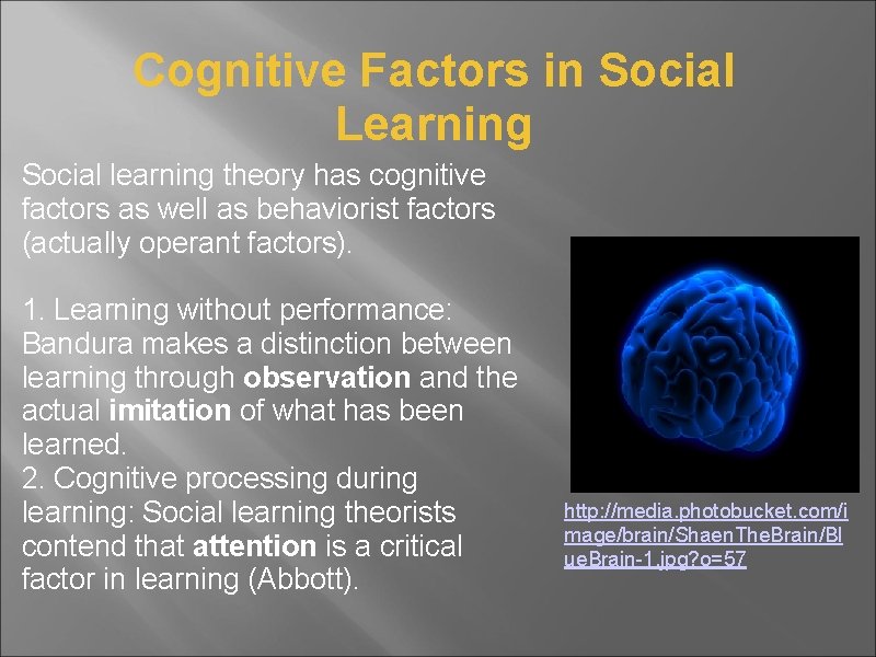 Cognitive Factors in Social Learning Social learning theory has cognitive factors as well as