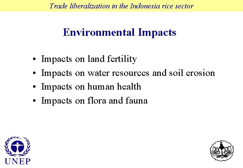 Trade liberalization in the Indonesia rice sector Environmental Impacts • • Impacts on land