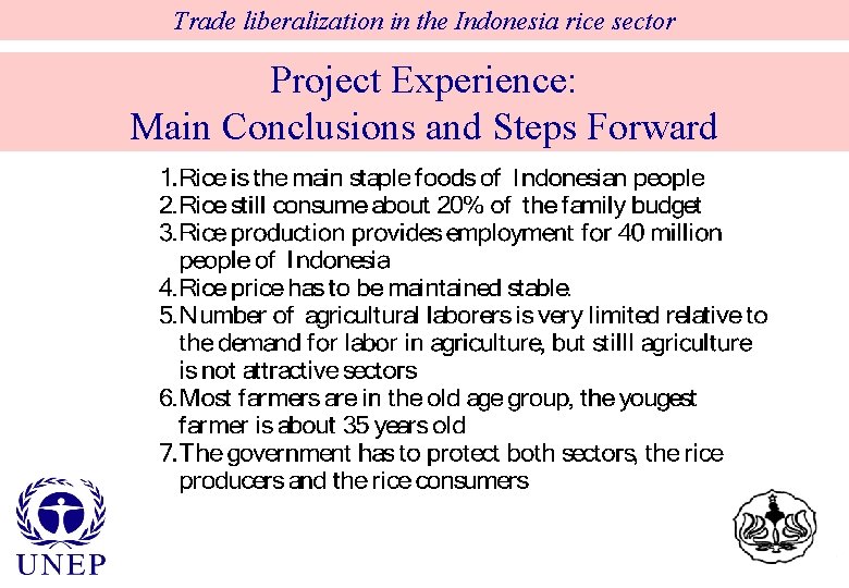 Trade liberalization in the Indonesia rice sector Project Experience: Main Conclusions and Steps Forward