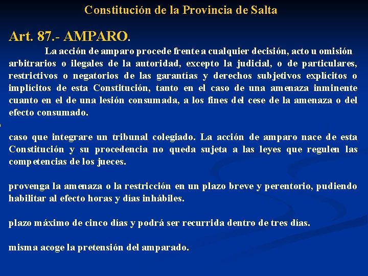 Constitución de la Provincia de Salta Art. 87. - AMPARO. La acción de amparo