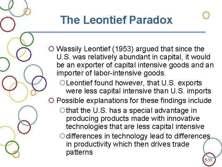 The Leontief Paradox Wassily Leontief (1953) argued that since the U. S. was relatively