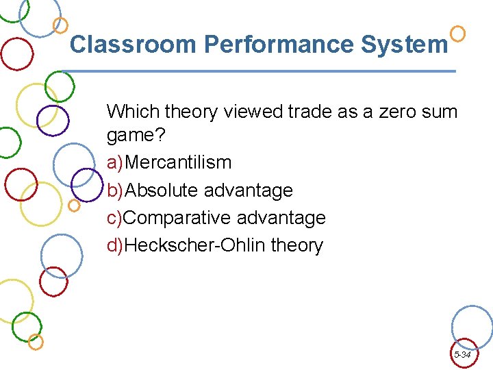 Classroom Performance System Which theory viewed trade as a zero sum game? a)Mercantilism b)Absolute