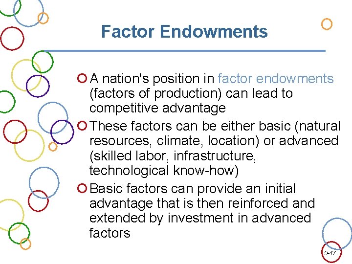 Factor Endowments A nation's position in factor endowments (factors of production) can lead to