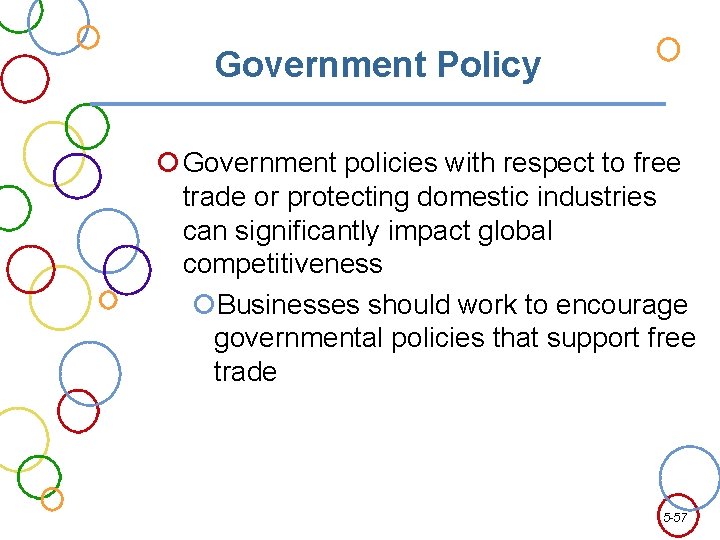 Government Policy Government policies with respect to free trade or protecting domestic industries can