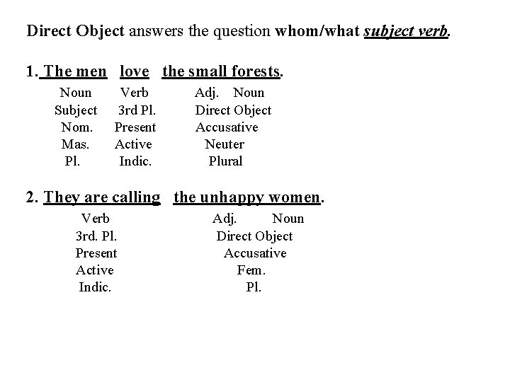 Direct Object answers the question whom/what subject verb. 1. The men love the small