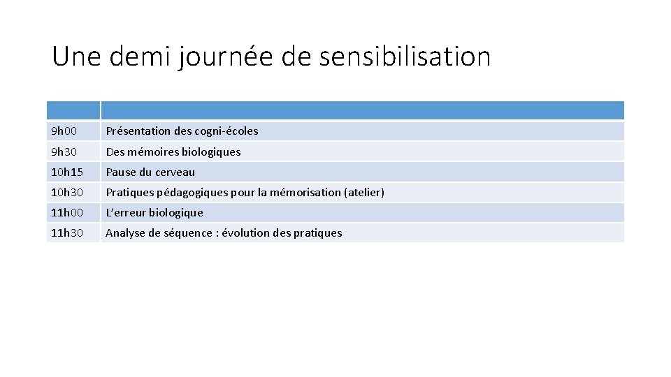 Une demi journée de sensibilisation 9 h 00 Présentation des cogni-écoles 9 h 30