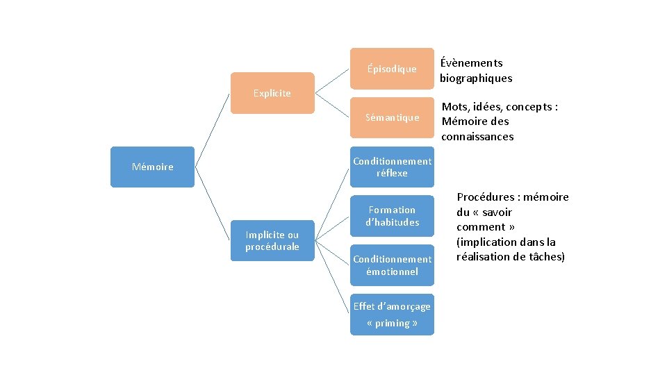 Épisodique Évènements biographiques Sémantique Mots, idées, concepts : Mémoire des connaissances Explicite Conditionnement réflexe