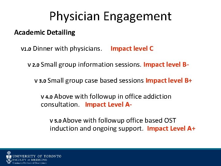 Physician Engagement Academic Detailing V 1. 0 Dinner with physicians. V 2. 0 Impact