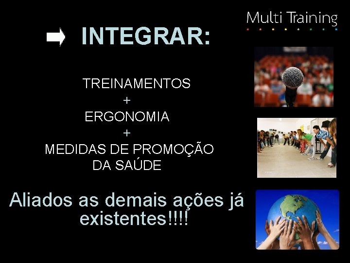 INTEGRAR: TREINAMENTOS + ERGONOMIA + MEDIDAS DE PROMOÇÃO DA SAÚDE Aliados as demais ações