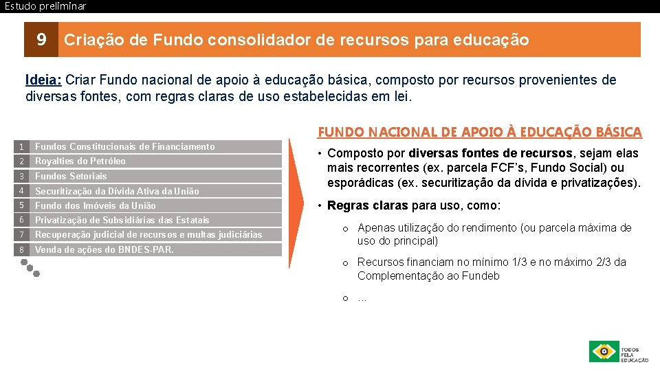 Estudo preliminar 9 Criação de Fundo consolidador de recursos para educação Ideia: Criar Fundo