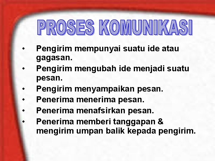  • • • Pengirim mempunyai suatu ide atau gagasan. Pengirim mengubah ide menjadi