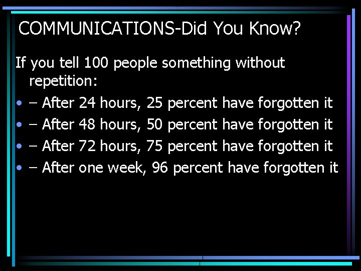 COMMUNICATIONS-Did You Know? If you tell 100 people something without repetition: • – After