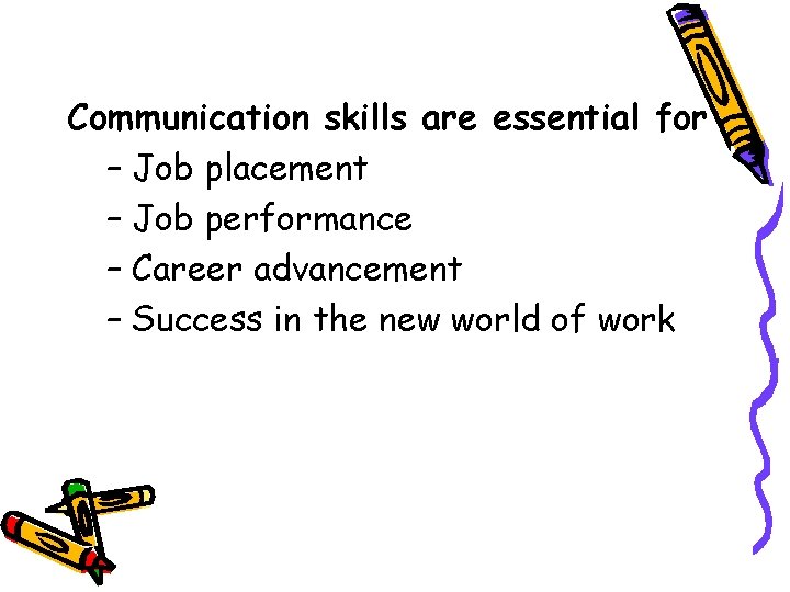 Communication skills are essential for – Job placement – Job performance – Career advancement