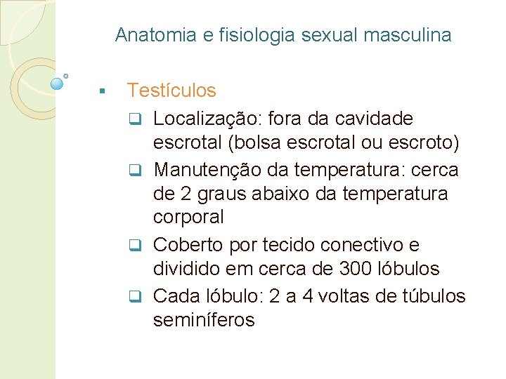 Anatomia e fisiologia sexual masculina § Testículos q Localização: fora da cavidade escrotal (bolsa