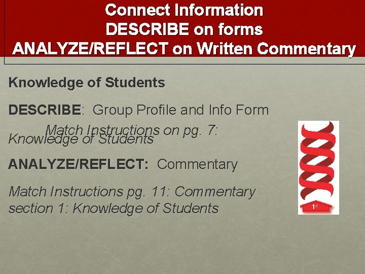 Connect Information DESCRIBE on forms ANALYZE/REFLECT on Written Commentary Knowledge of Students DESCRIBE: Group